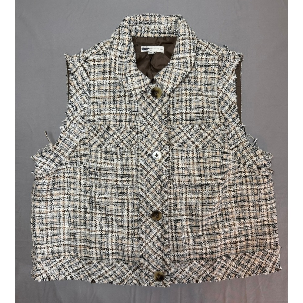 Women XL Tweed Plaid Button Front Vest Fringe Trim Tan Black White Multi Fall